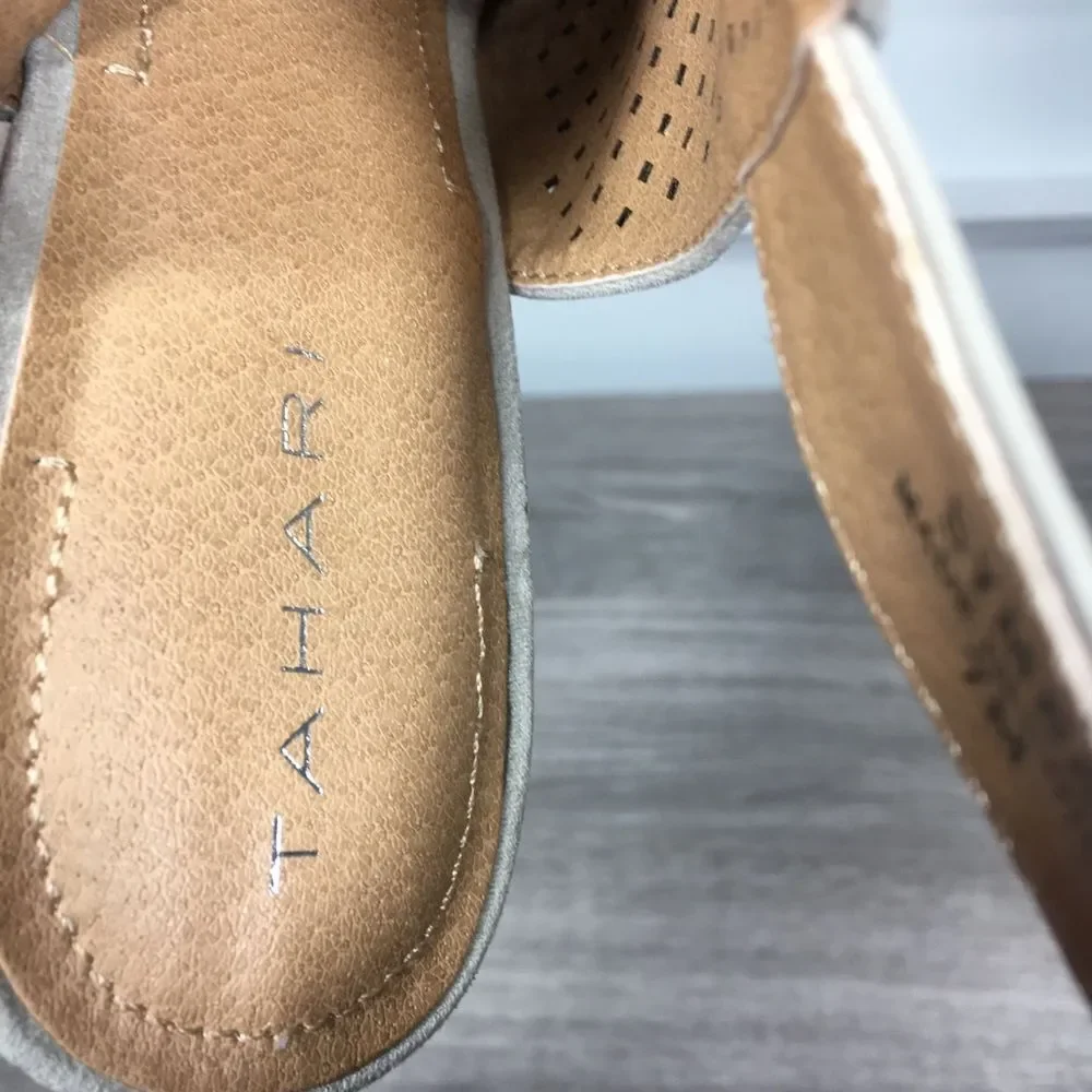 TAHARI TAUPE PERFORATED‎ LASER CUT SYMBA OPEN TOE WEDGE SANDAL 7